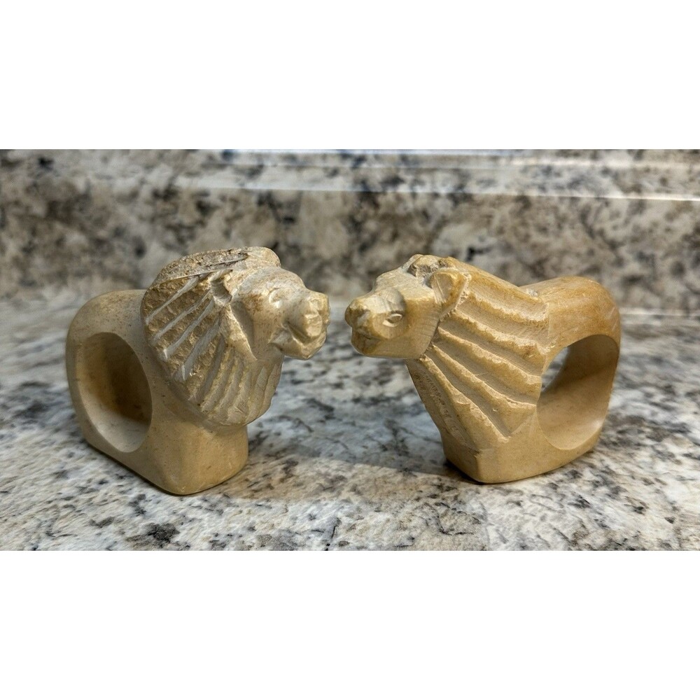 Hand Carved SOAP STONE LION Napkin Rings Set of 2